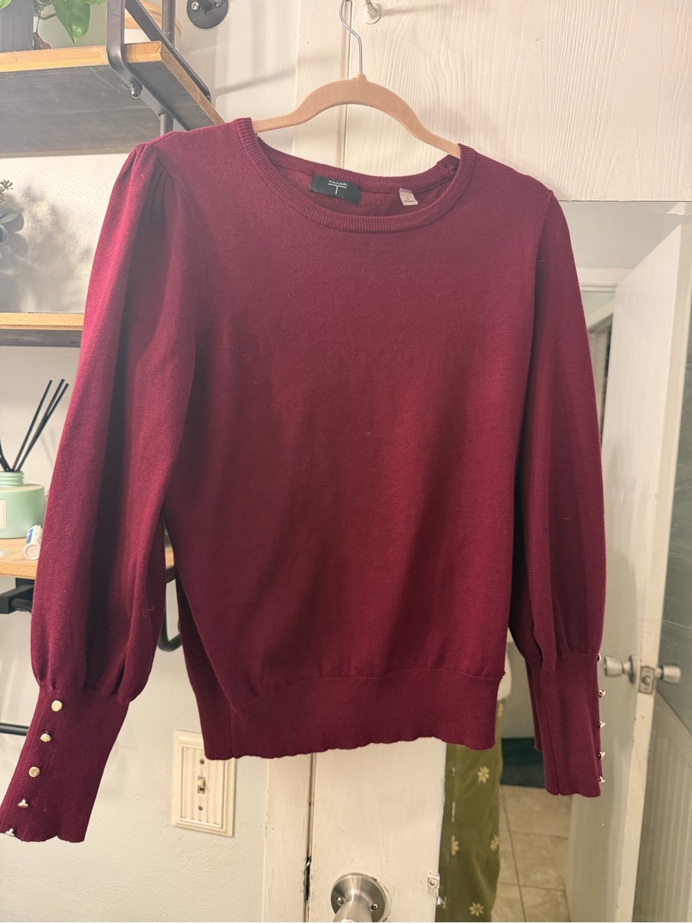 Tahari Deep Burgundy Crewneck Sweater with Gold Cuff Accents